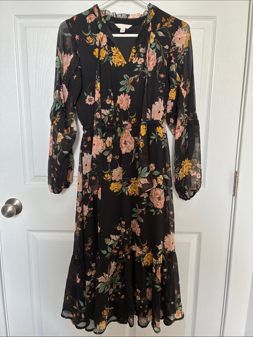 LC Lauren Conrad Black Floral Midi Dress with Pink & Yellow Blooms